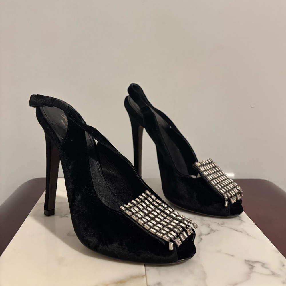 Giambattista Valli Black Velvet Heels with Rhinestone Details 37
